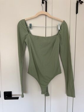 Vici Sage Ribbed Long Sleeve Square Neck Bodysuit